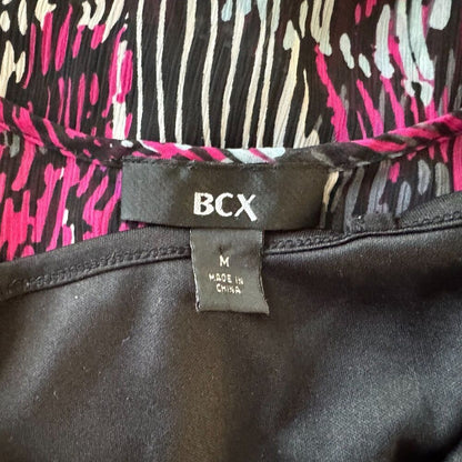 BCX Sheer Top Women Sz M Black with Fucsia White Print Over Cami Tank Ruched Hem