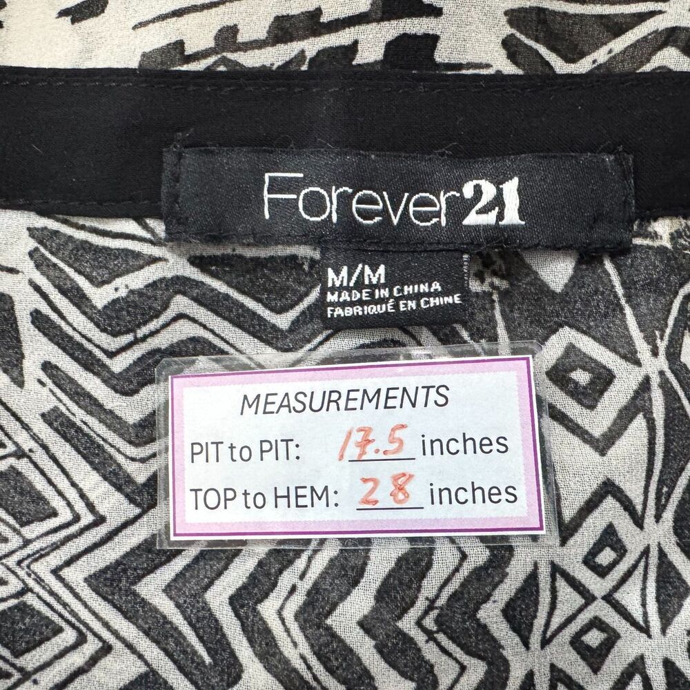 Forever 21 Sheer Tunic Sz M Geometric VNeck Button Down Black Trim Sleeveless