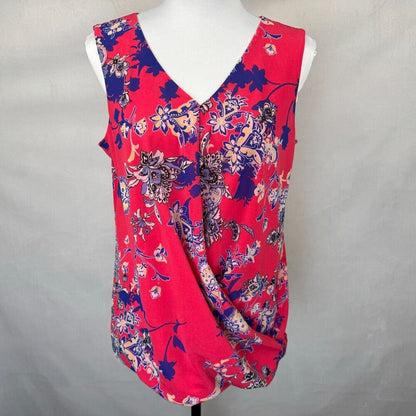 Dana Buchman Top Sz M Floral Red Faux Wrap Bubble Front Hem VNeck Sleeveless
