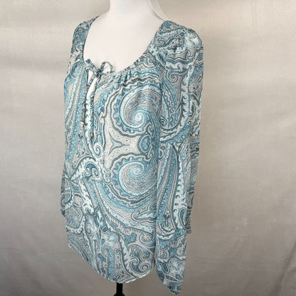 White House Black Market Blouse Sz S Blue Paisley Ruched shoulder Long Sleeve