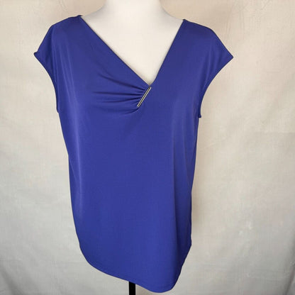 Dana Buchman Sz L Blue Stretch Top Sleeveless Asymmetrical Neckline Metal