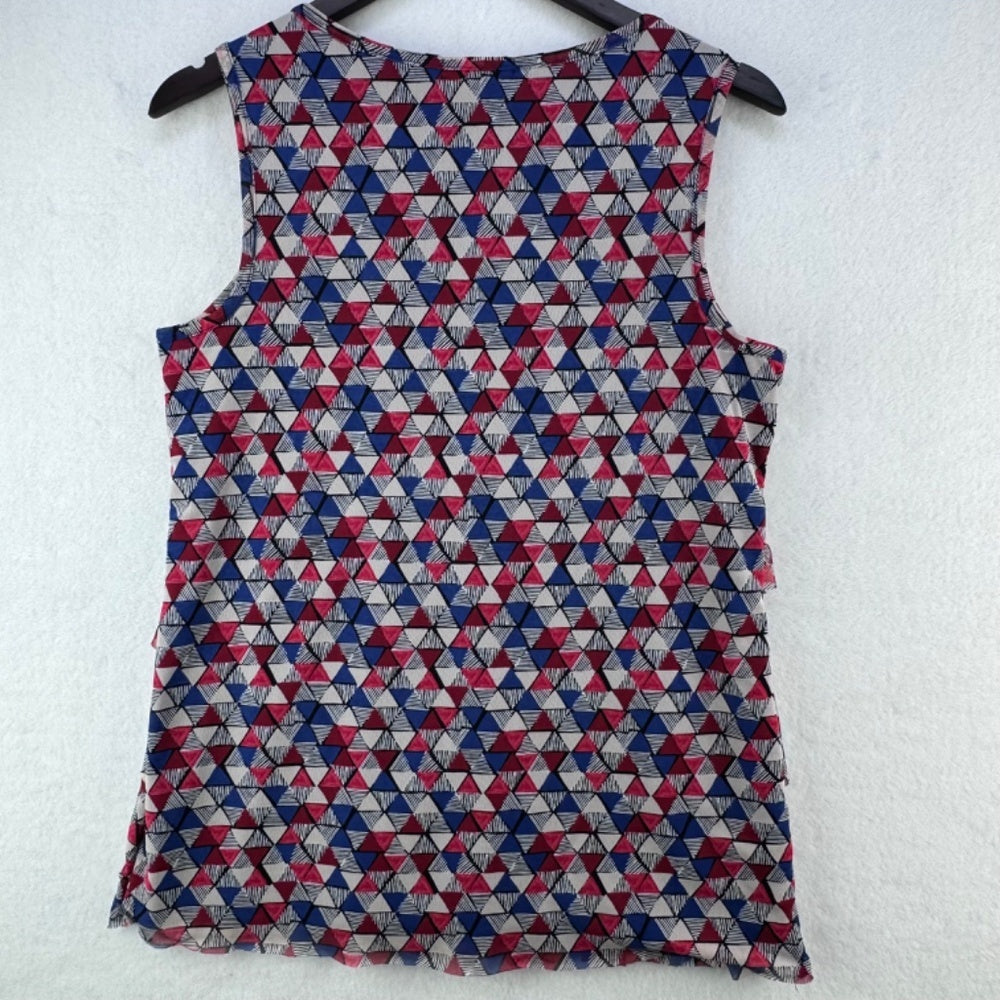 Roz Ali Blouse Women Sz M Tiered ruffle sleeveless triangle print blue red gray