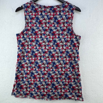 Roz Ali Blouse Women Sz M Tiered ruffle sleeveless triangle print blue red gray
