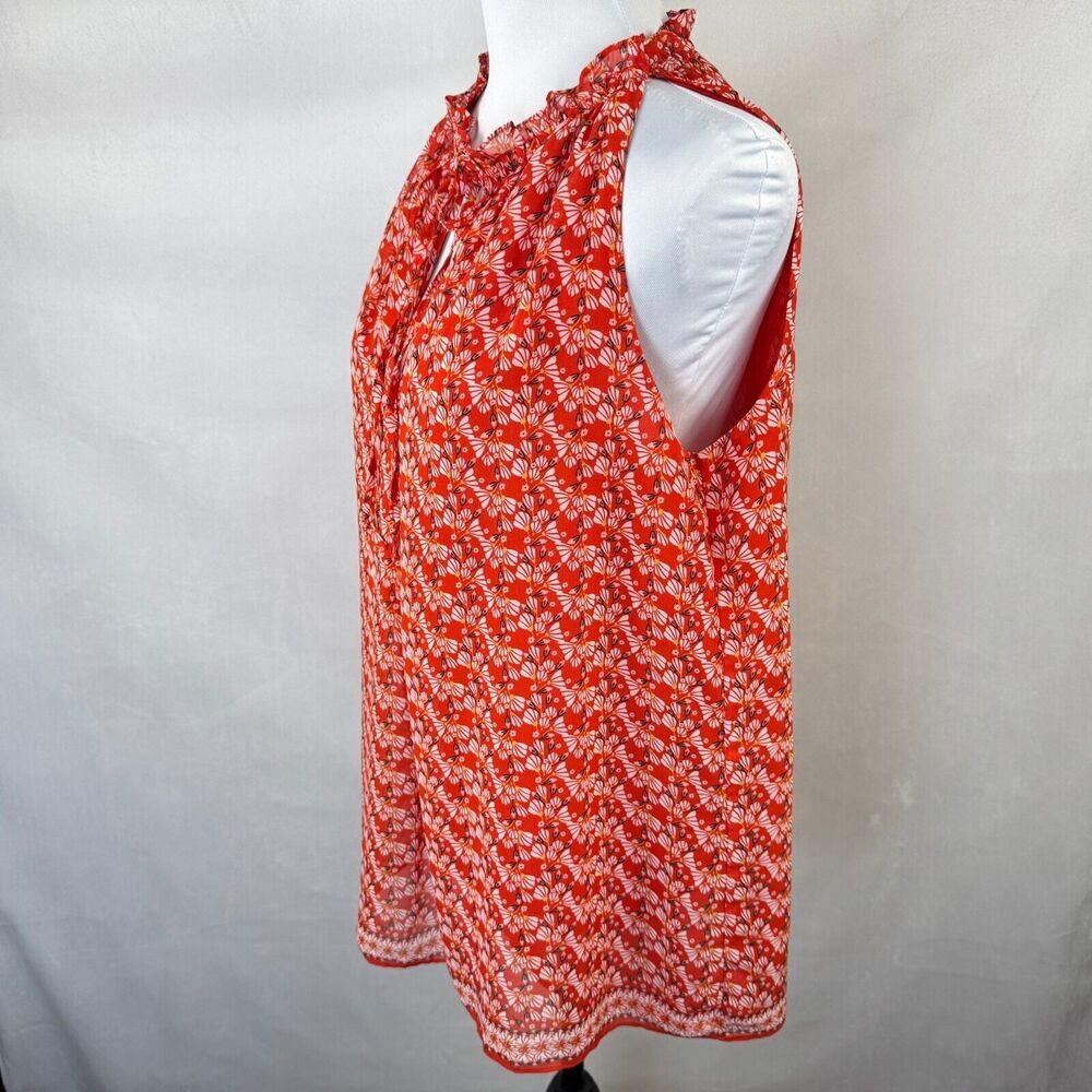Max Studio Blouse Sz M Red Floral Ruffle Neck Drawstring Tie Lined Sleeveless