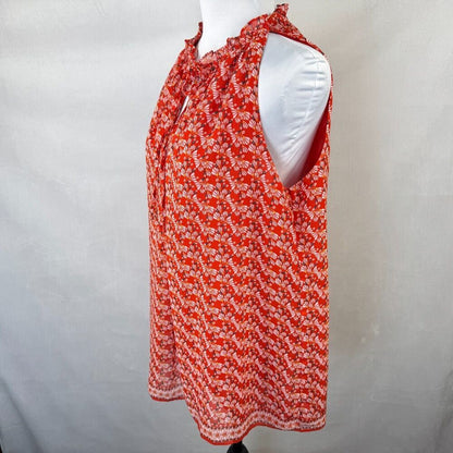 Max Studio Blouse Sz M Red Floral Ruffle Neck Drawstring Tie Lined Sleeveless