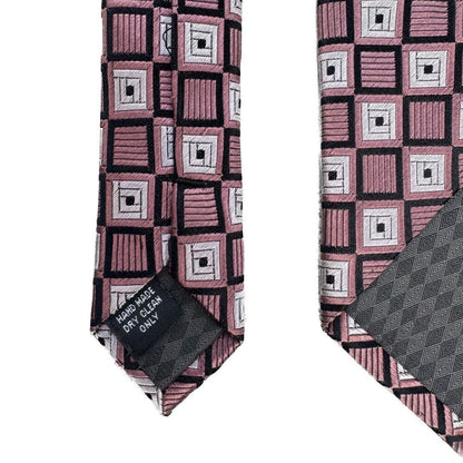 Bocara Silk Hand Made Tie 100% Silk Red Gray Pink Geometric Pattern