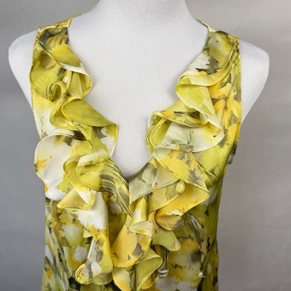 Anne Klein Blouse Sz M Yellow Ruffle VNeck Collar Sleeveless  Button Up Colorful