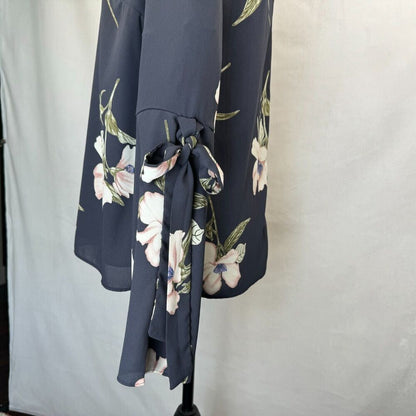 Sugar Lips Blouse Sz S  Charcoal Floral  Crew Neck Bell Long Sleeve Ties