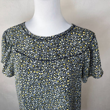 LOFT Top Sz S Navy Floral Flutter Cap Sleeve Boat Neck Ladder Stitch Keyhole