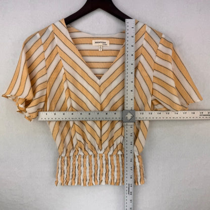 Monteau Ladies Crop Top Sz S Striped V-Neck flutter Sleeve Shirred Waist