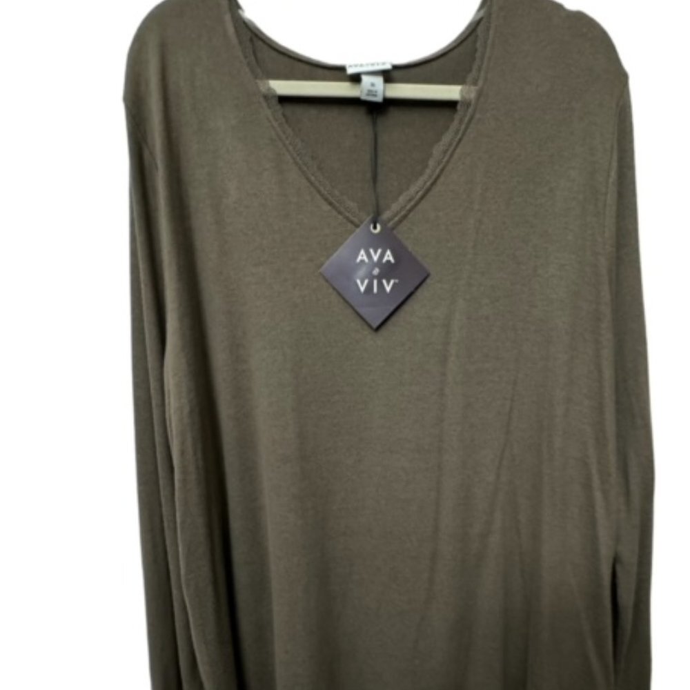 An olive brown long-sleeve V-neck knit top hanging on a hanger with an AYA VIV brand tag, set against a plain white background.