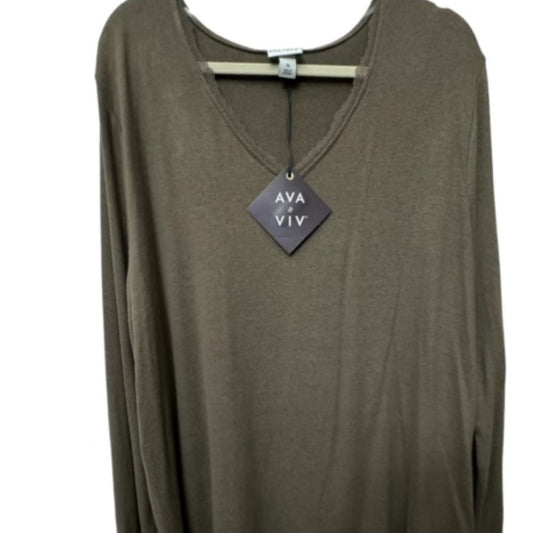 An olive brown long-sleeve V-neck knit top hanging on a hanger with an AYA VIV brand tag, set against a plain white background.