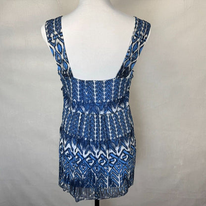 INC Women Tank Top Sz L Mesh Blue Geometric Print Black White V-Neck