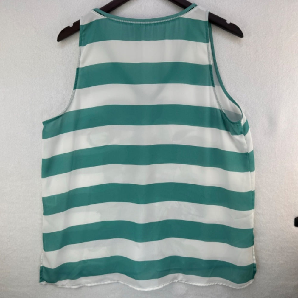 ELLE Tank Top Sz L Green White Stripes Front Floral Print Ladder Stitch neckline