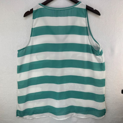ELLE Tank Top Sz L Green White Stripes Front Floral Print Ladder Stitch neckline