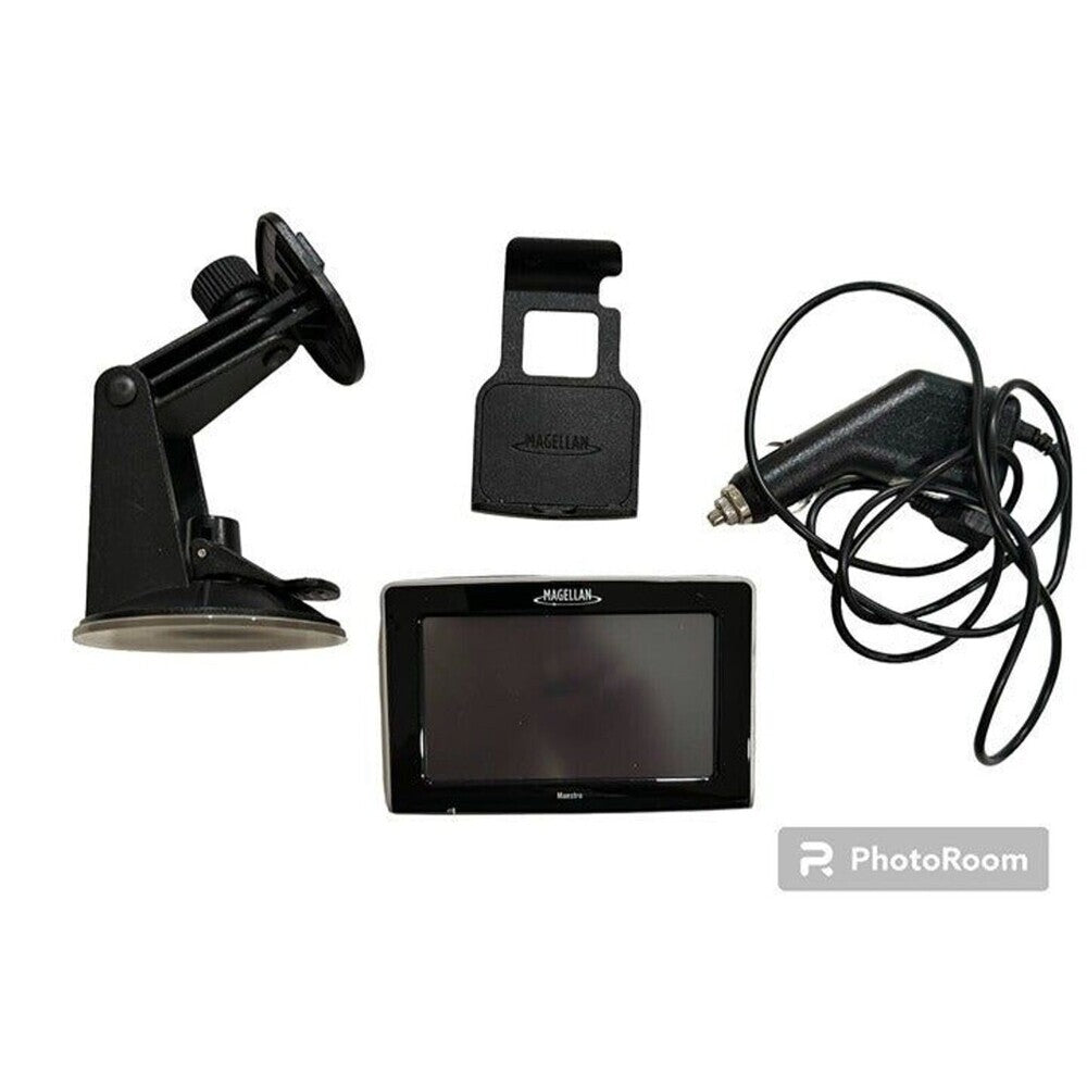 Black car windshield monitor with a suction cup mount, a mounting bracket, and a car power adapter on a white background.