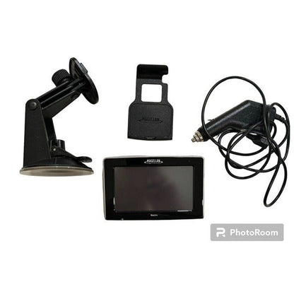 Black car windshield monitor with a suction cup mount, a mounting bracket, and a car power adapter on a white background.