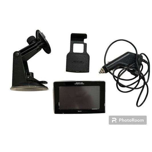 Black car windshield monitor with a suction cup mount, a mounting bracket, and a car power adapter on a white background.