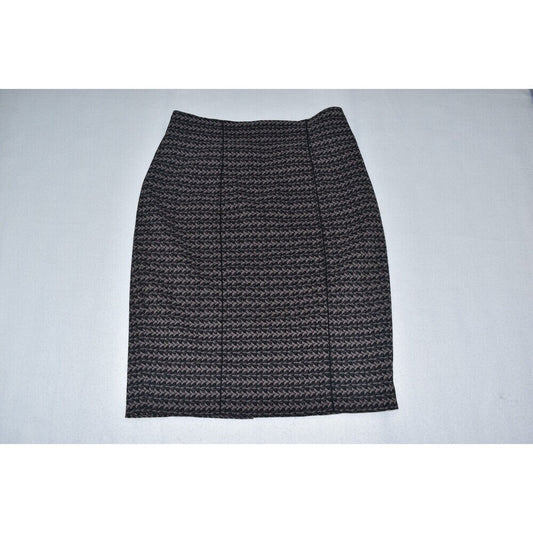 A black and gray textured knit pencil skirt with a subtle chevron pattern, laid flat on a light gray background.