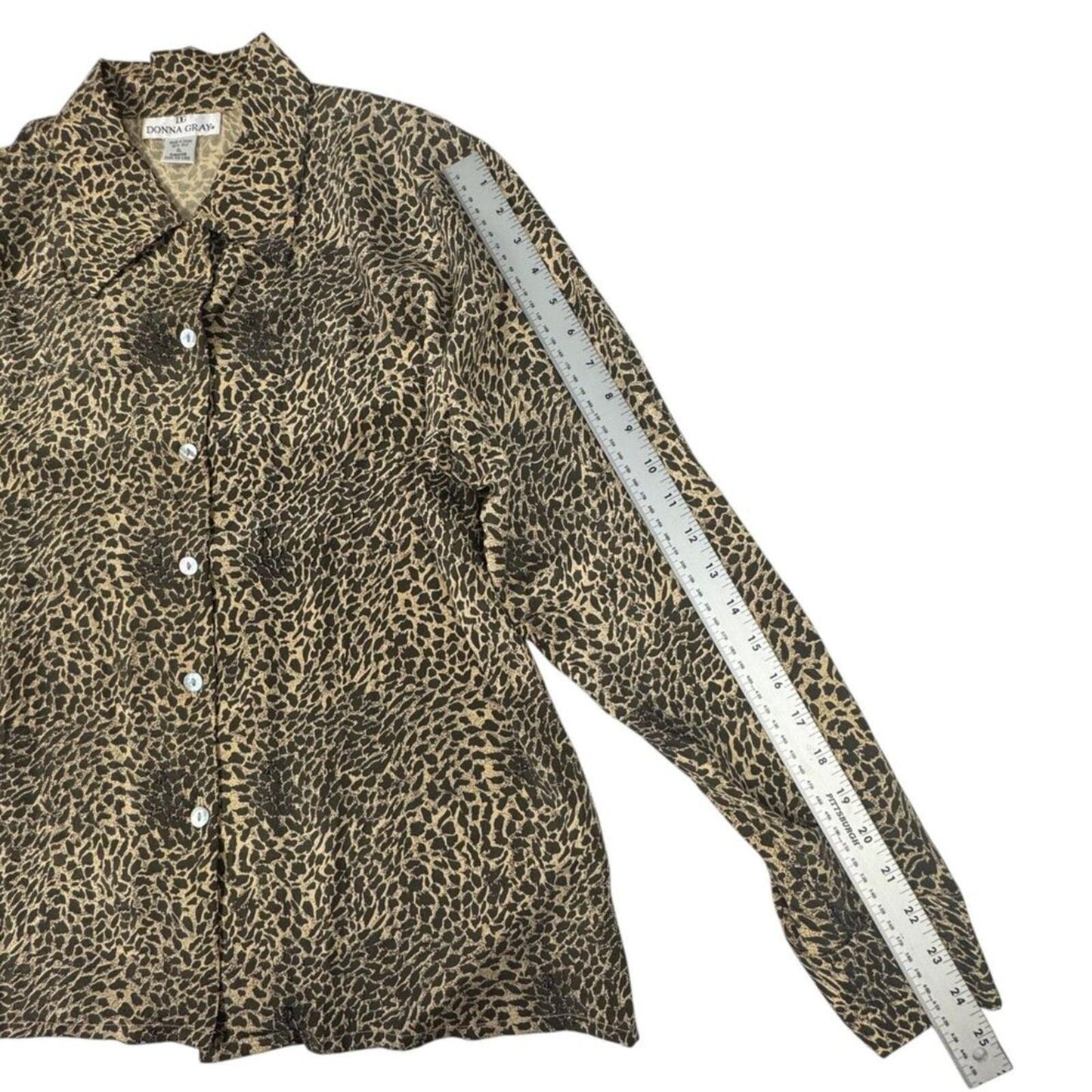 Donna Gray Women Blouse XL Silk Button Down Long Sleeve Animal Print Brown Tan