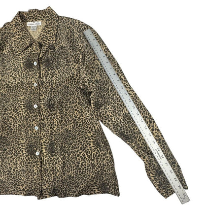 Donna Gray Women Blouse XL Silk Button Down Long Sleeve Animal Print Brown Tan