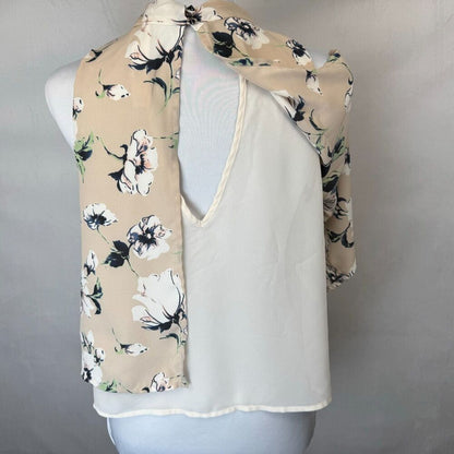 ASTR The Label Women Crop Top Sz S Beige Floral Chiffon Under Blouse Split Back