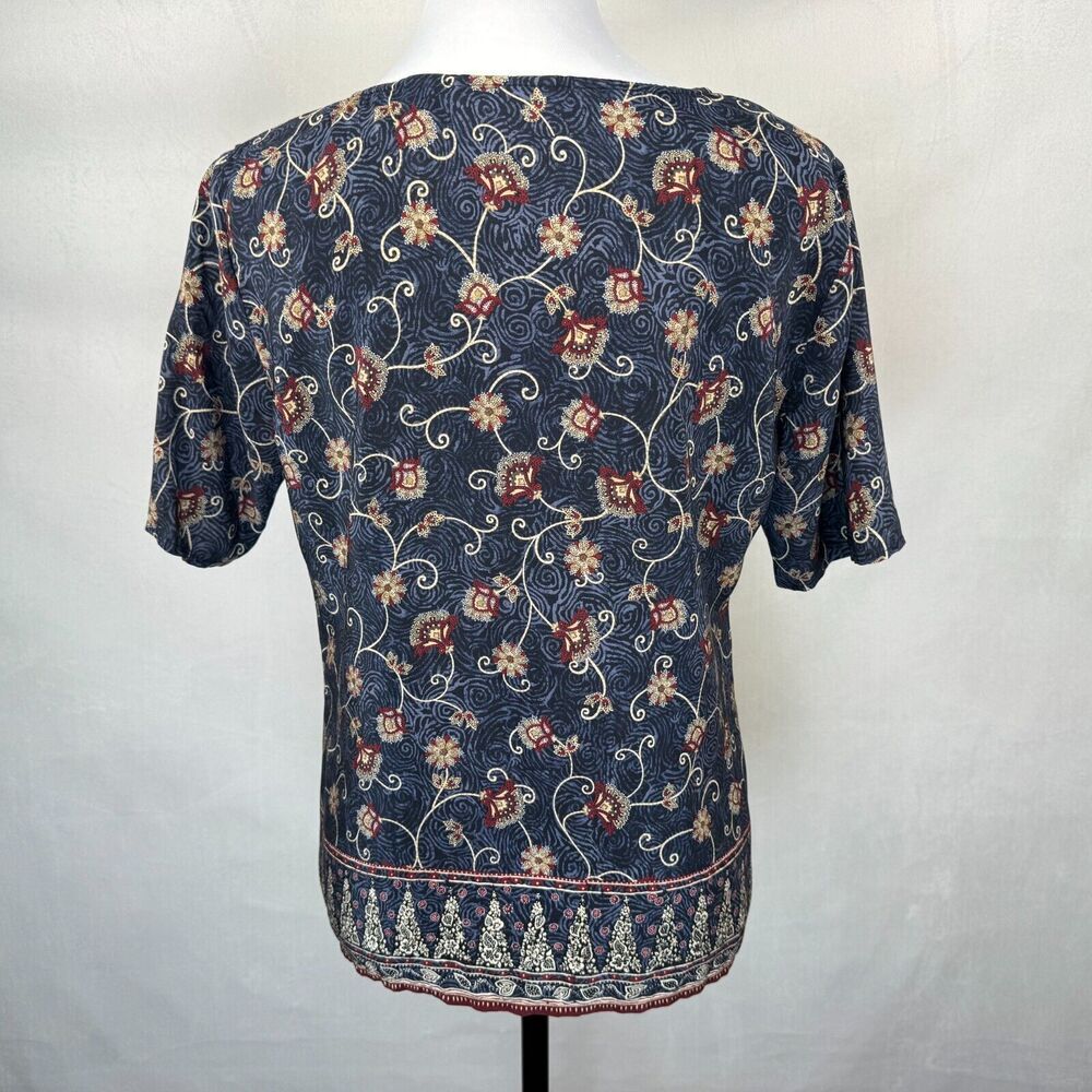 Liz Claiborne Women Sz 8 Silk Scoop Neck Black Blue Floral Print Short Sleeve