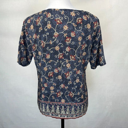 Liz Claiborne Women Sz 8 Silk Scoop Neck Black Blue Floral Print Short Sleeve