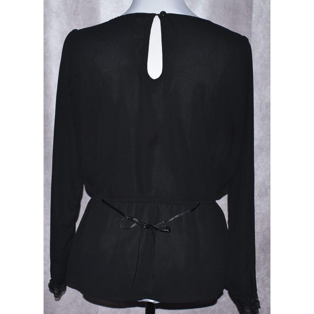 DownEast Women Black Embroidered Blouse Round Neck Lace Long Sleeve Size S
