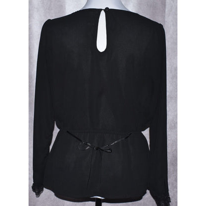 DownEast Women Black Embroidered Blouse Round Neck Lace Long Sleeve Size S
