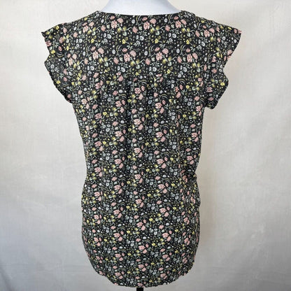 LOFT Top Sz XS Black Blouse Multicolor Floral Print VNeck Ruffle Cap Sleeve