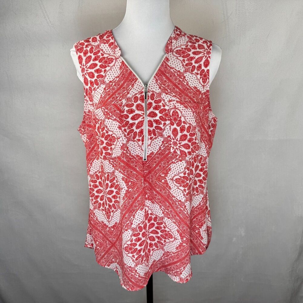Soho NYC Jeans Women Sz L Sheer Red Paisley Tank Top Pockets Front Zipper Accent