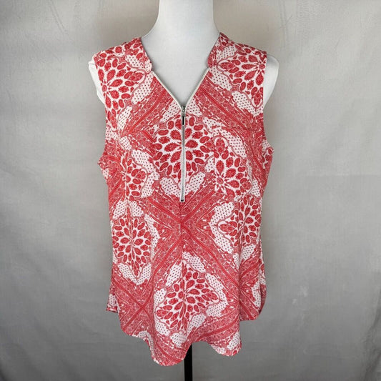 Soho NYC Jeans Women Sz L Sheer Red Paisley Tank Top Pockets Front Zipper Accent