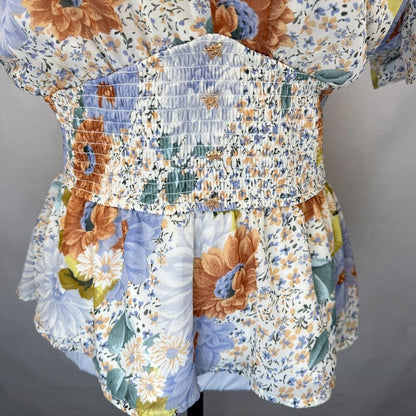Meraki Women Sz S Top Floral Shirred Waisted Peplum Buttons VNeck Flared Sleeves