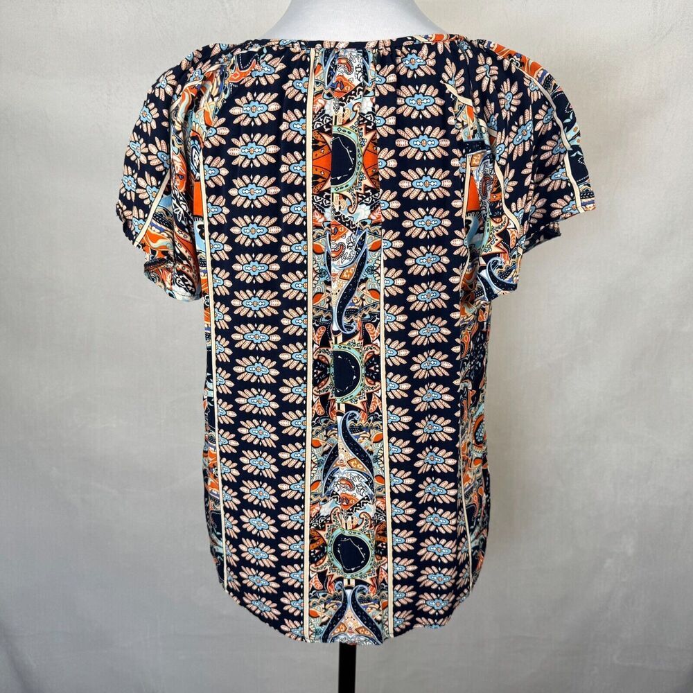Angashion Top Sz M Black Multicolor Print Flutter Raglan Sleeve Split Neck Tie