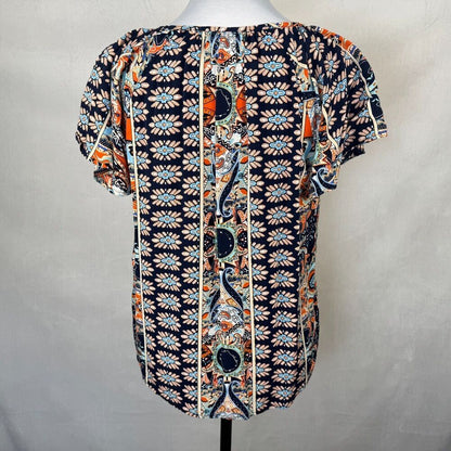 Angashion Top Sz M Black Multicolor Print Flutter Raglan Sleeve Split Neck Tie