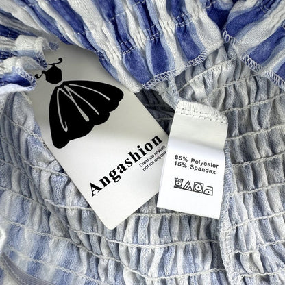 Angashion Smocked Tube Top Blue and white stripes Ruffle Trim Size Medium