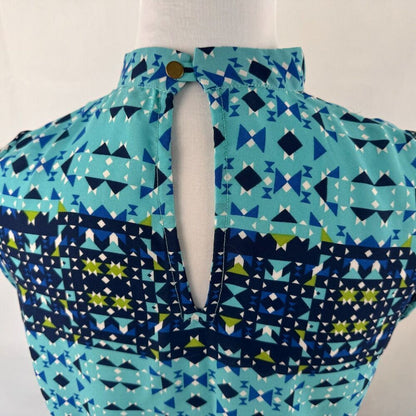 Zaiva A Ladies Blouse Sz M Floral High Crew Neck Sleeveless blue geometric print