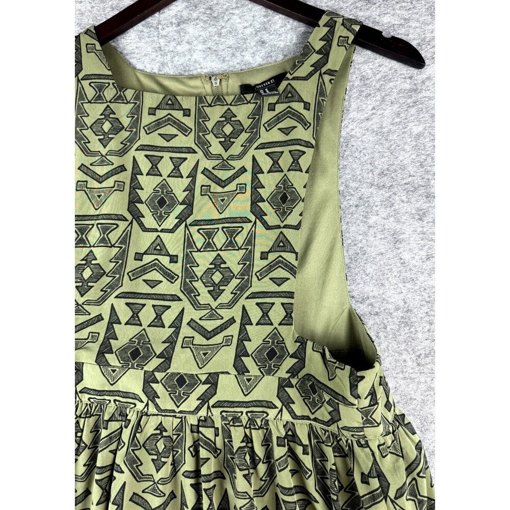 Forever 21 Romper Style Lined Green Dress Black Western Aztec Print Sz Medium