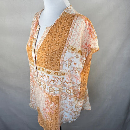 Cupcakes And Cashmere Blouse Sz M Cap Sleeve Split VNeck Orange Floral