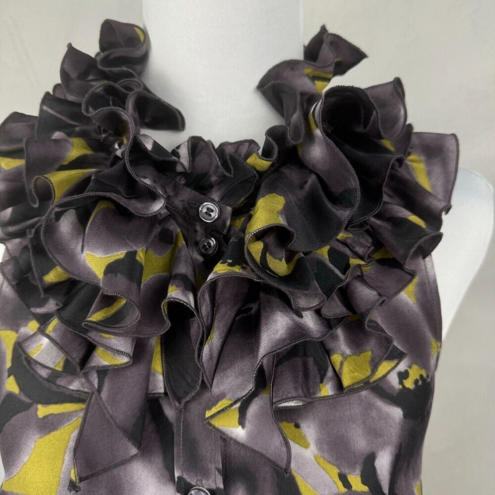J Crew Top Sz 2 Floral Black Purple Yellow Ruffle Neck Button Down 100% Silk