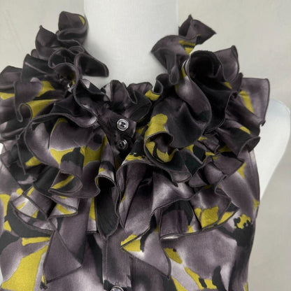 J Crew Top Sz 2 Floral Black Purple Yellow Ruffle Neck Button Down 100% Silk