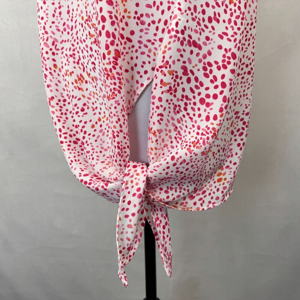 Rachel Zoe Women Sz M Top Round Neck White Red Orange Dots Abstract Sleeveless