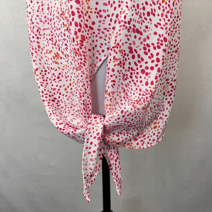 Rachel Zoe Women Sz M Top Round Neck White Red Orange Dots Abstract Sleeveless