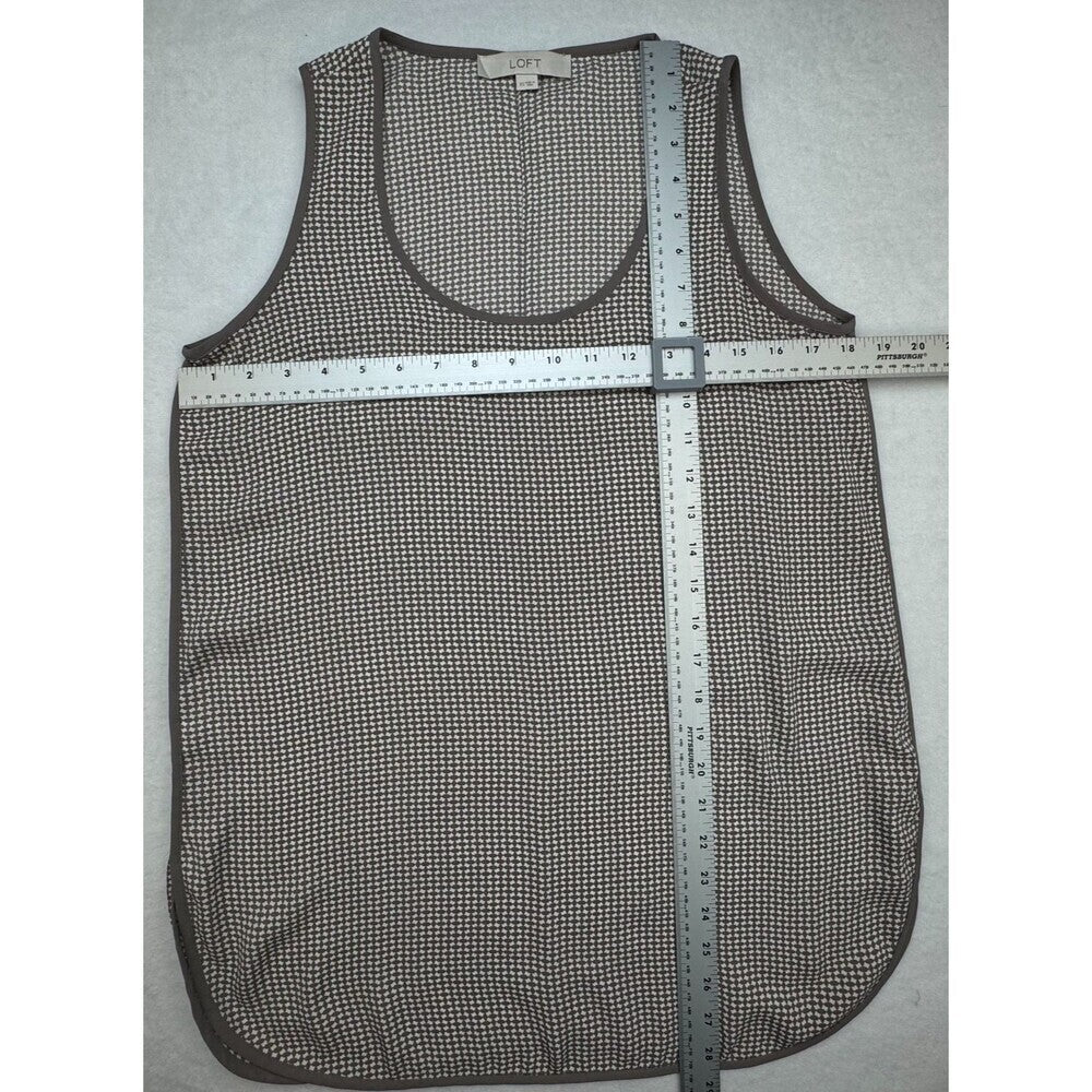 Loft Ann Taylor Top Sz XS Taupe White Print Long Tunic Sleeveless Solid Trim