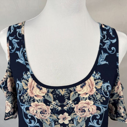 Meraki Blouse Sz M Navy Floral Print Scoop Neckline Cold Shoulder Back Keyhole