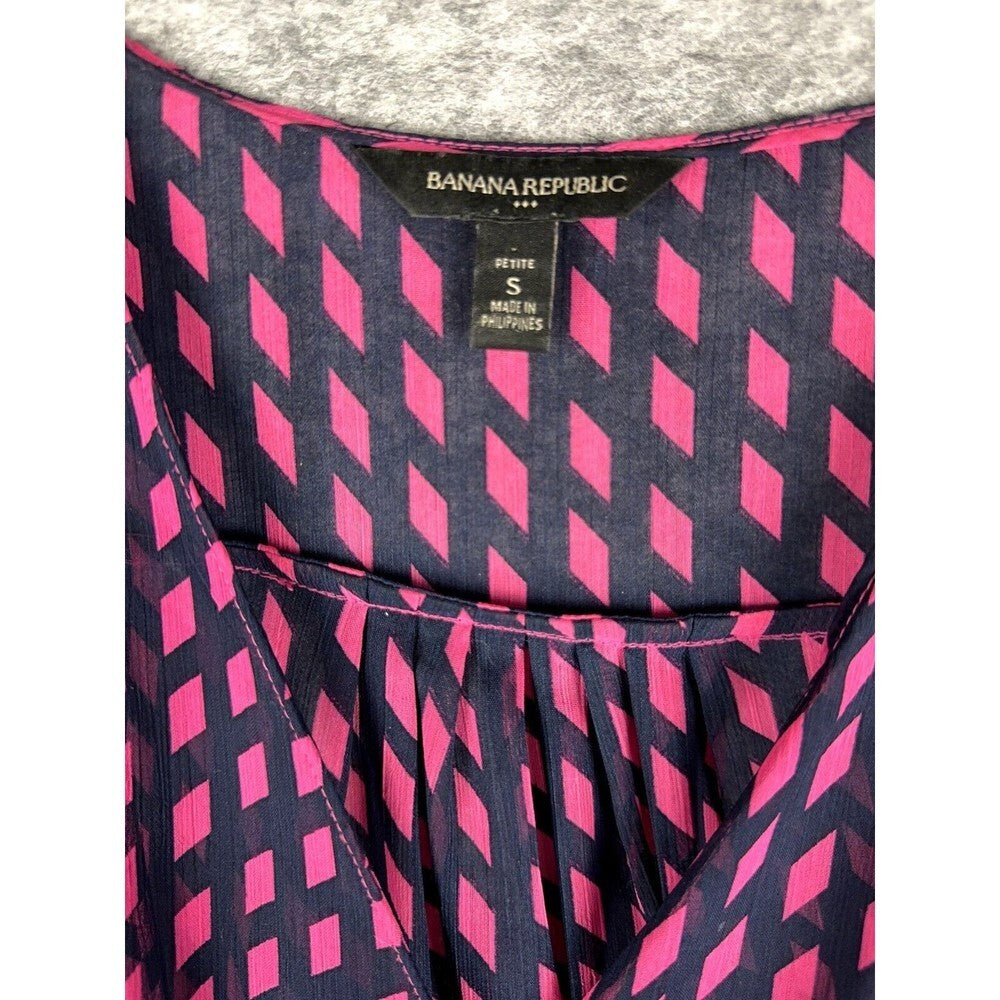 Banana Republic Sleeveless Sheer Blouse Navy and Bright Pink Back tie - Petite S