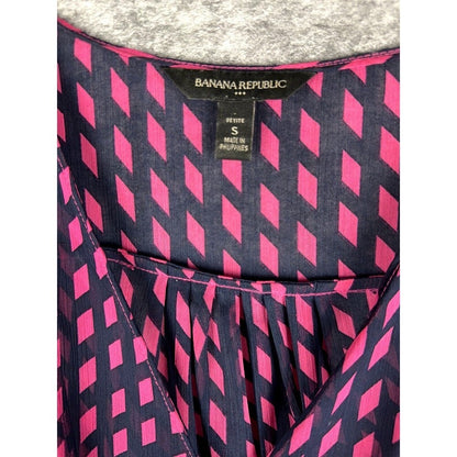 Banana Republic Sleeveless Sheer Blouse Navy and Bright Pink Back tie - Petite S