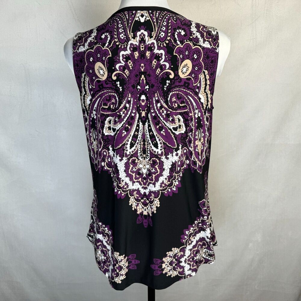 INC Top Sz XS Black with Purple Paisley VNeck Zipper Accent Sleeveless