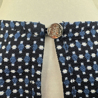 CeCe Ladies Top Sz XS Black Print Blue White Crew Neck Keyhole Tie Sleeve